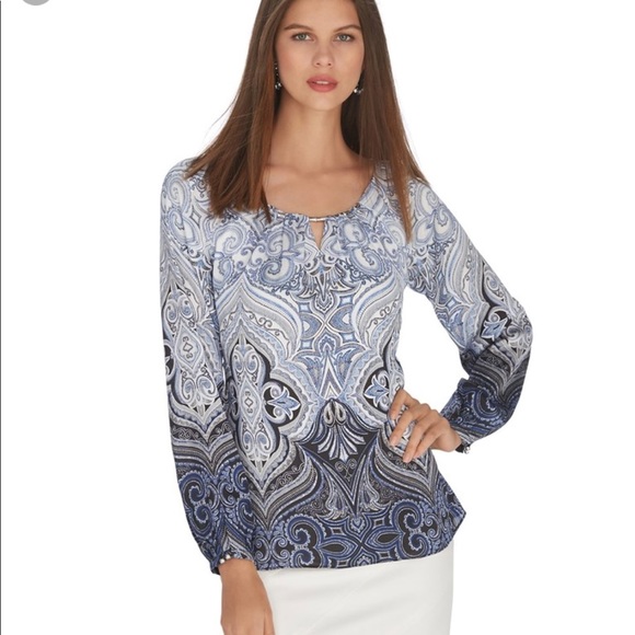 White House Black Market Tops - WHBM long sleeve Neverland Print Blouse Metal Emb